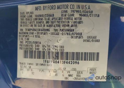 2003 Ford Mustang z USA, uszkodzony, nr VIN 1FAFP40413F442096